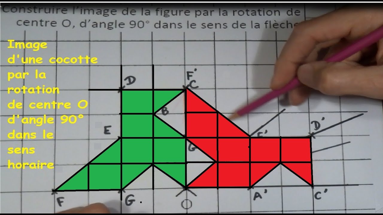 Construire l'image d'une figure par une rotation de centre O d'angle 90° sens horaire avec carreaux.