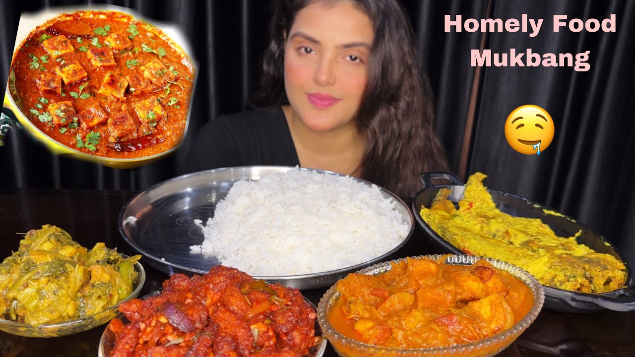 ASMR Eating: Mustard Pabda Fish Curry, Spicy Paneer Gravy, Crispy Chilli Baby Corn, Mixed Veg Curry