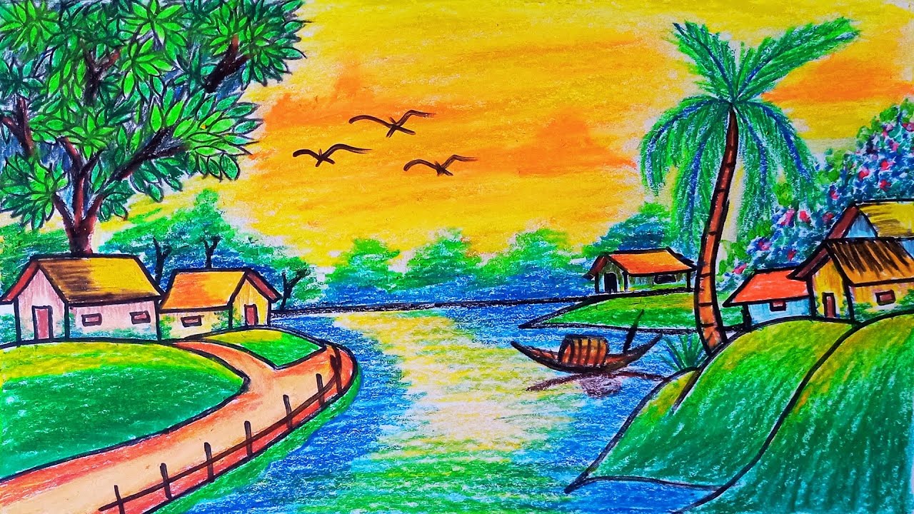গ্রামের সূর্যাস্ত দৃশ্য আঁকা শেখো | Village Sunset Scenery Drawing Step by Step| Bangla Art Tutorial
