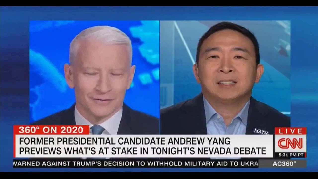 Andrew Yang with Anderson Cooper on CNN pre-debate February 19, 2020 in Nevada