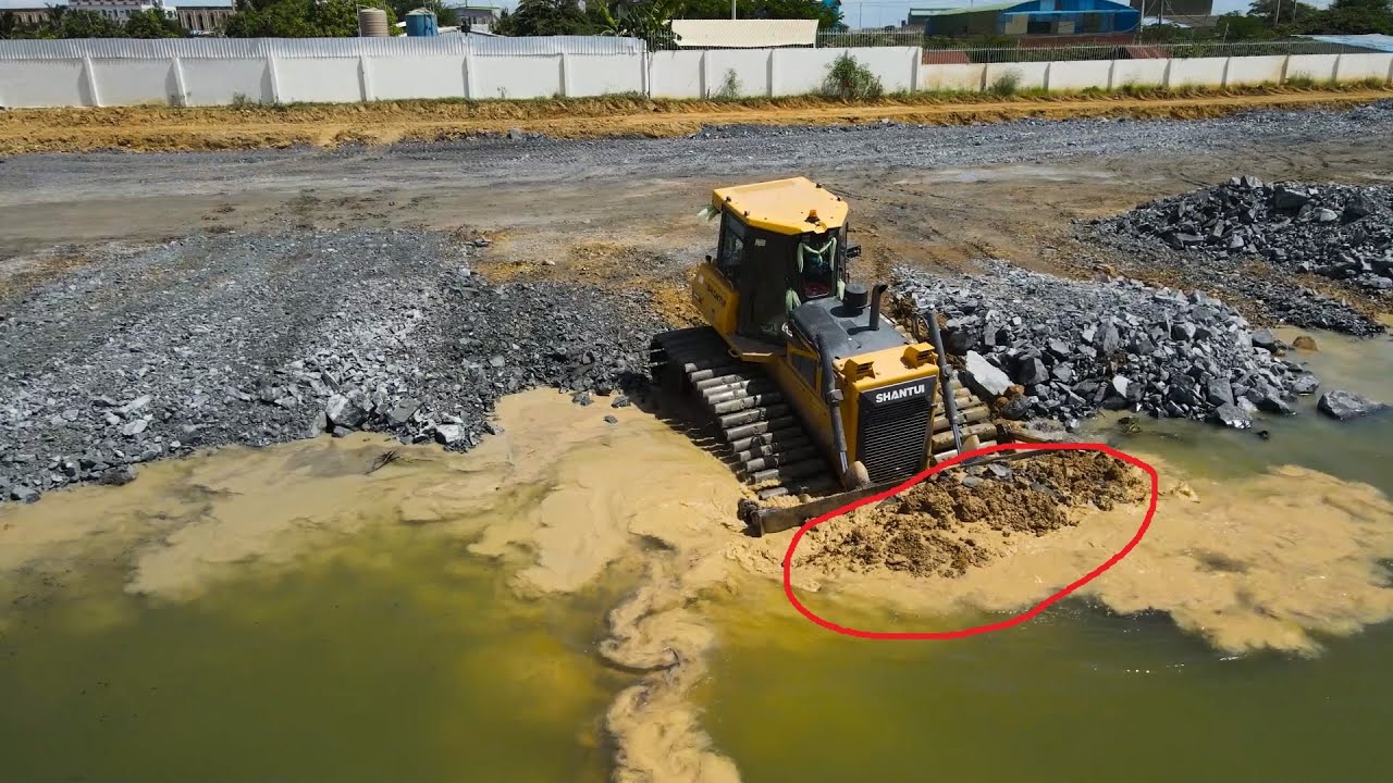 Most Power Mighty Machines Dozer Moving Rock Sinking In Deep Water & Good Working Dump Truck