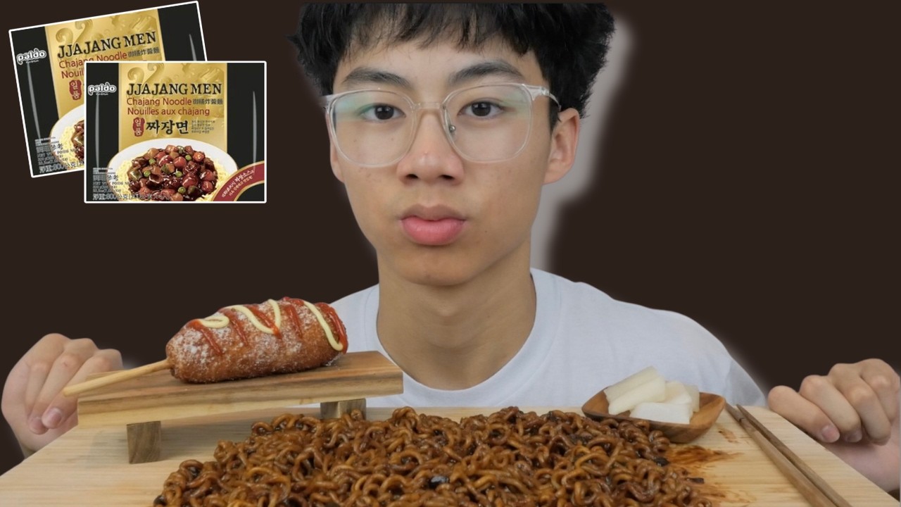 Paldo Black Bean Noodles with Mozzerella Corn Dog | N.E Let's Eat