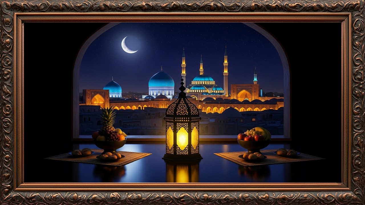 Ramadan Kareem 2026 Vintage TV Frame 4K 🌙 Islamic Golden Lantern Background for Peace & Blessings