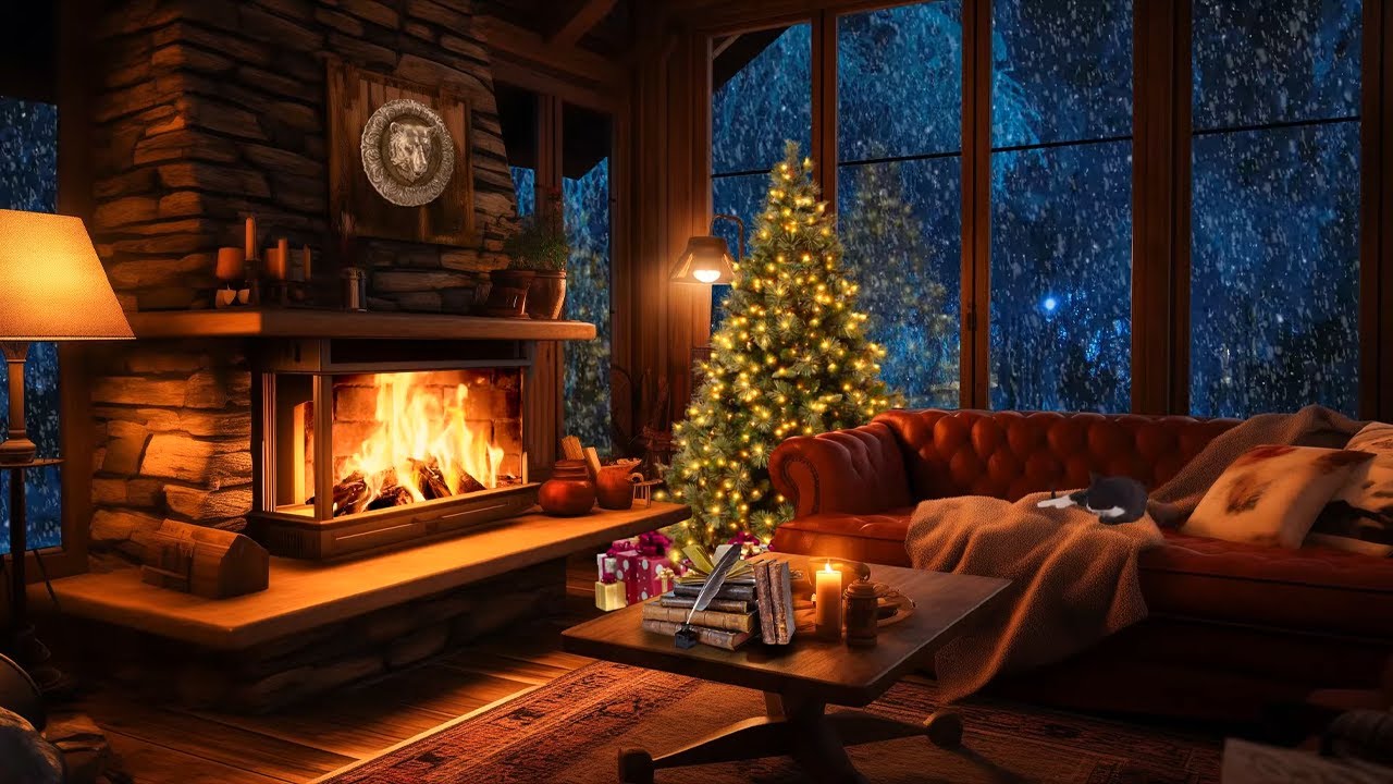 Cozy winter Christmas ambience | Overcome stress in 5 minutes | Blizzard, Fireplace sound and Cats