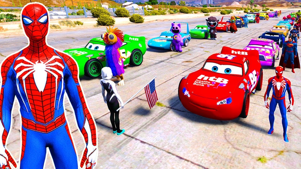GTA V SPIDER-MAN 2 and HULK, POPPY PLAYTIME 4 Join in the Epic New Stunt Racing with McQueen Cars