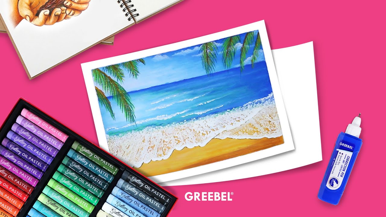 TUTORIAL MENGGAMBAR DAN MEWARNAI PANTAI DENGAN GREEBEL GALLERY ARTIST OIL PASTELS