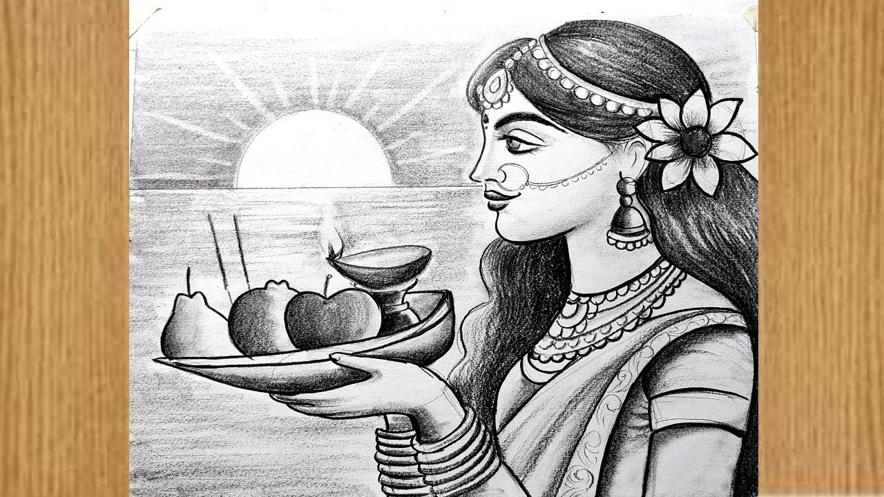 how to draw chhat puja easy step by step for beginners,chhat pujar scenery drawing,