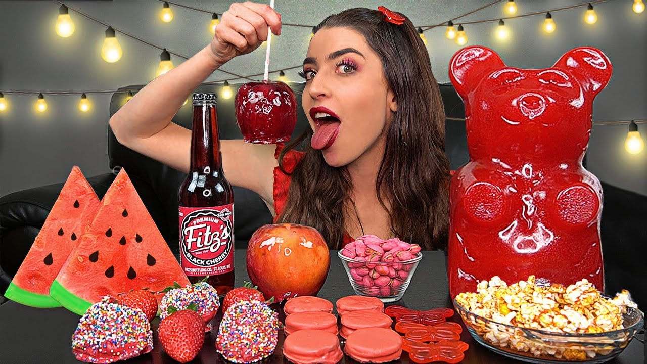 ASMR RED FOODS, 5LB GUMMY BEAR, CANDY APPLE, CHOCOLATE OREOS...
