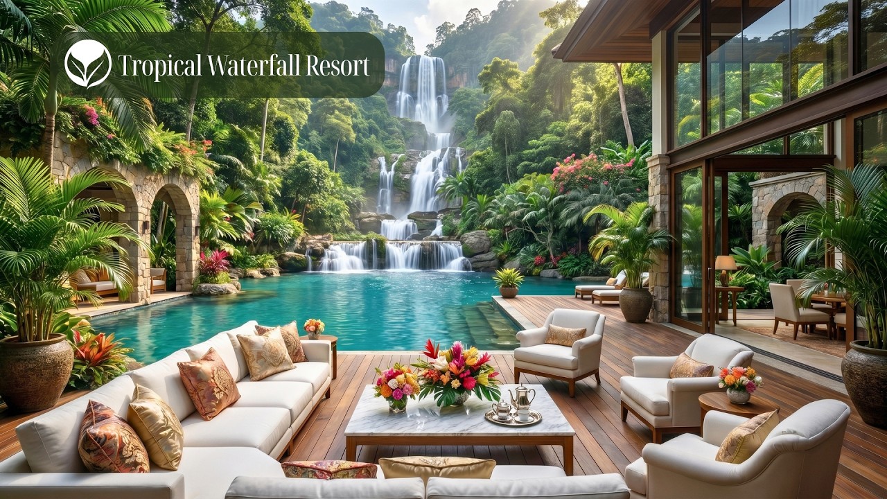 Tropical Waterfall Resort 🌿Birdsong, Flowing Water and Tropical Sounds for Stress Relief and Calm