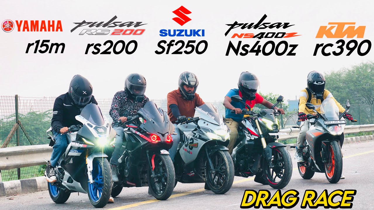 Ns400z vs Rc390 vs Rs200bs4 vs R15M 41 teeth Sprocket vs Suzuki sf250 Drag race video