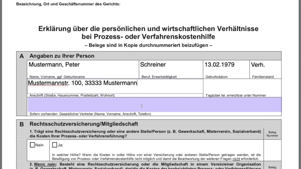 Prozesskostenhilfe / Verfahrenskostenhilfe. Formular ausfüllen. Schritt für Schritt Anleitung.