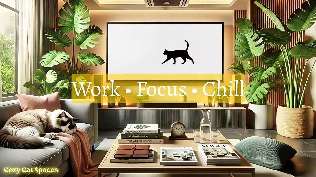 Relaxing Study & Work Music with Cat Purr | Cozy Living Room Ambience 