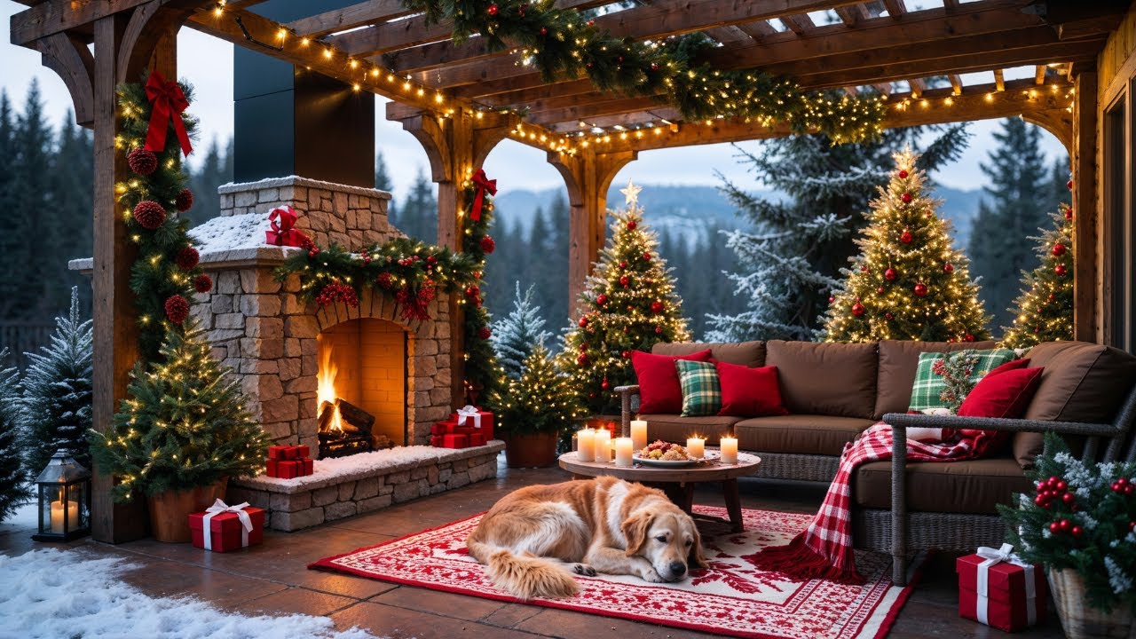 🎄Relaxing Piano Christmas Music ❄️Cozy Outdoor Patio Fireplace Ambience 🔥Soothing Holiday Festive