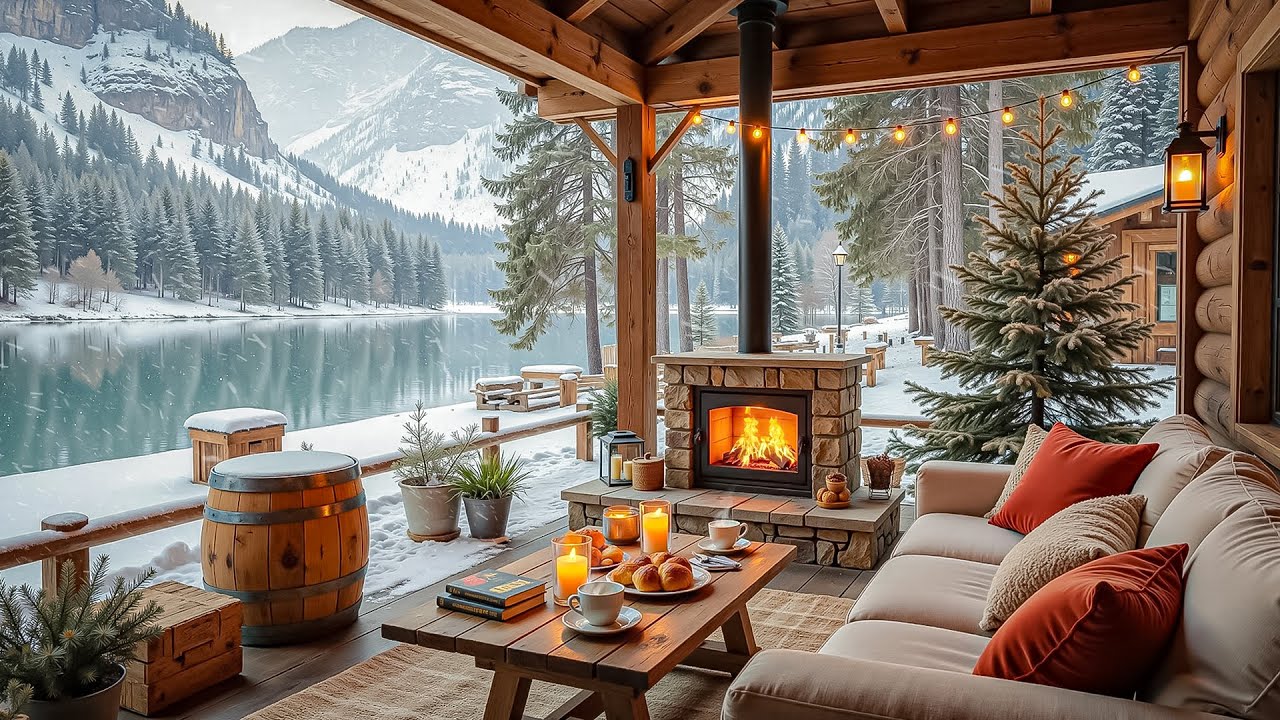 Cozy Winter Lakeside Porch 🎄 Jazz Music Background, Fireplace Sound for Study, Work & Relax