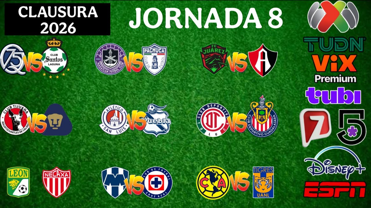 FECHAS,HORARIOS Y CANALES PARA LA JORNADA 8 DE LA LIGA MX CLAUSURA 2026