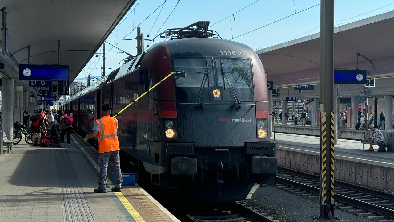 Abfahrt &Ouml;BB RJ 544 &ldquo;OS 3537 VIE-LZS-ZSB&rdquo; Flughafen Wien - Salzburg Hbf in Linz Hbf (30.06.2025, 4K)
