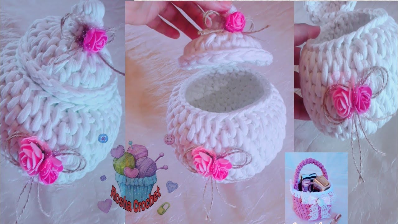 باسكيت/سلة/بوكس/كروشية طريقة عمل بونبونيرة بخيط الكليم/How to make/basket/ box with T_shirt yarn