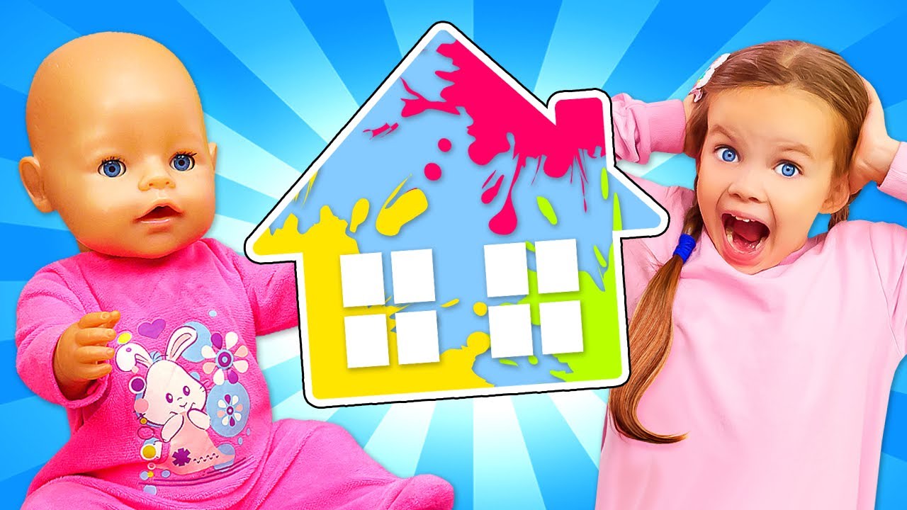 A new toy house for the baby doll! Maya and Mom paint the house with paints & make a color bath.