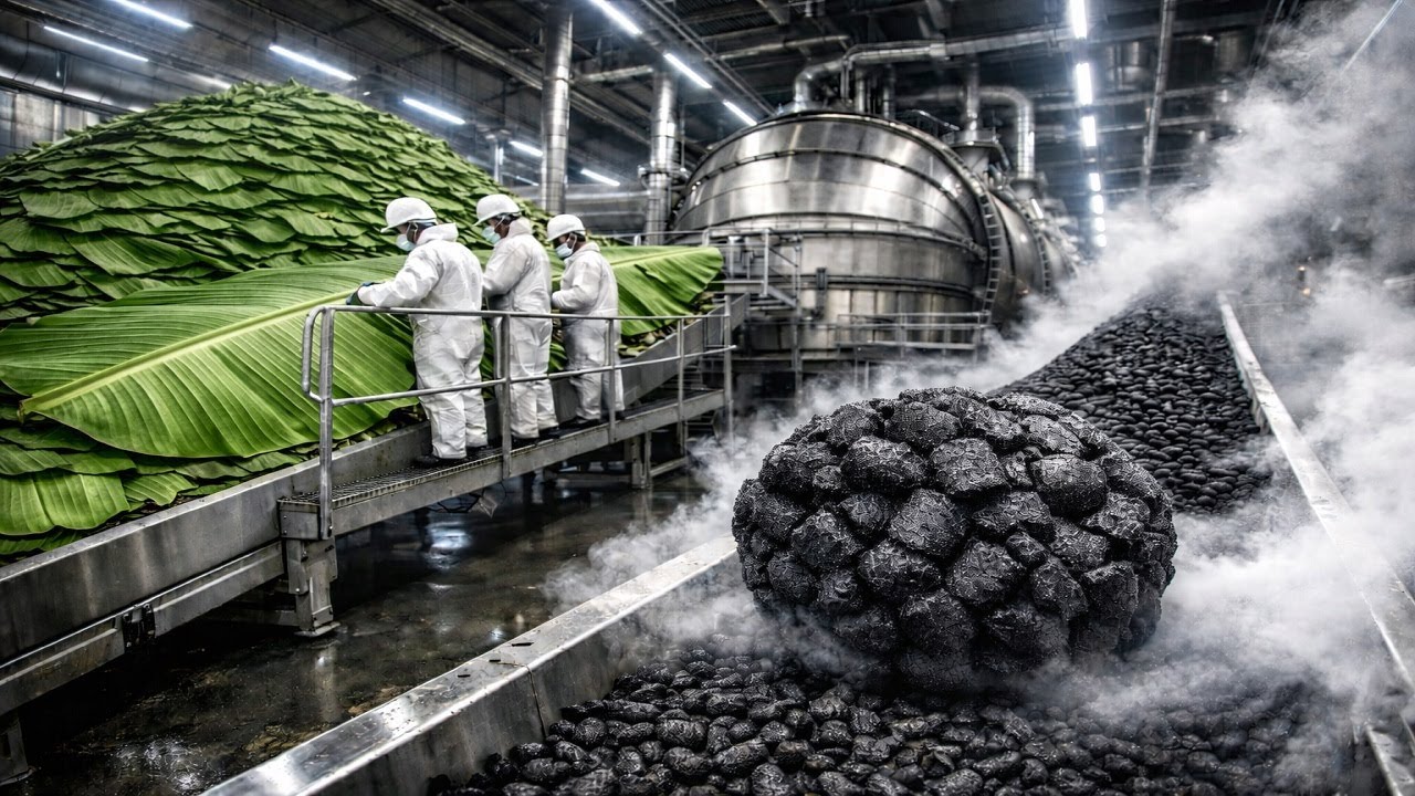 Inside a Modern Banana Leaf Biochar Factory (Full Process) | Leaves Turned Into Black Biochar