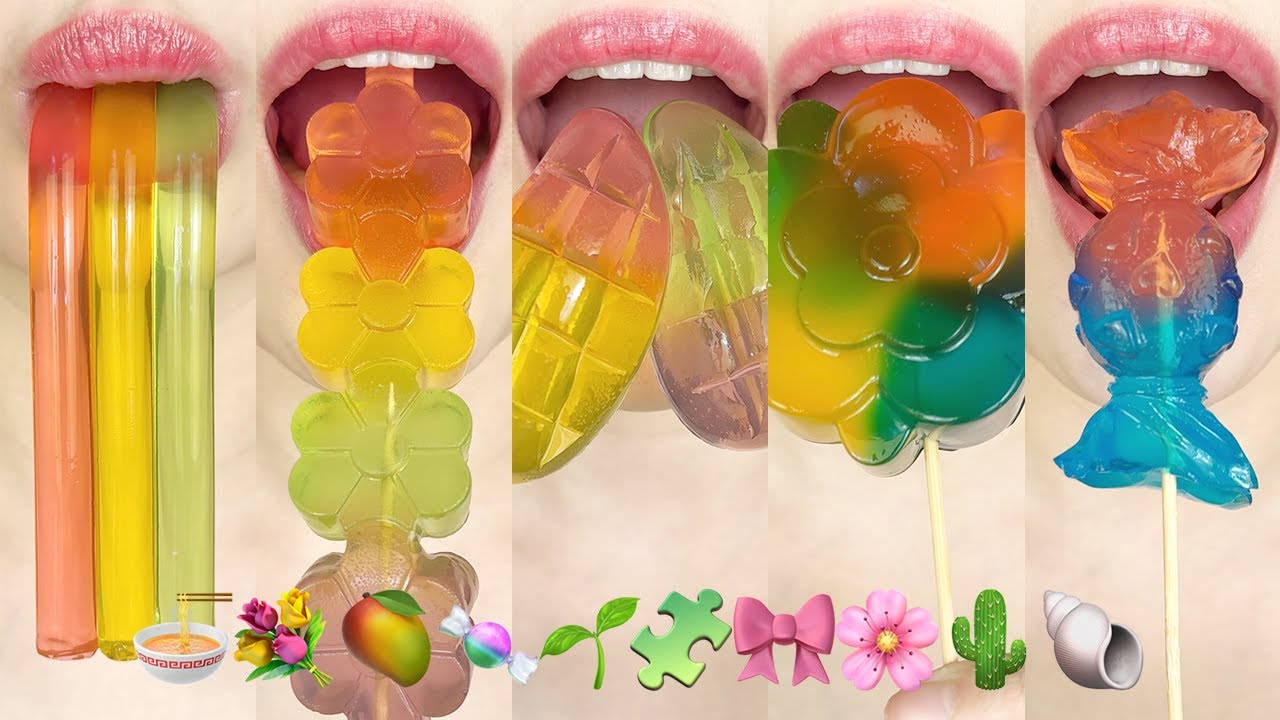 asmr RAINBOW JELLY EMOJI FOOD 🍜💐🥭🍬🌱🧩🎀🌸🌵🐚 무지개 젤리 이모지 먹방 eating sounds