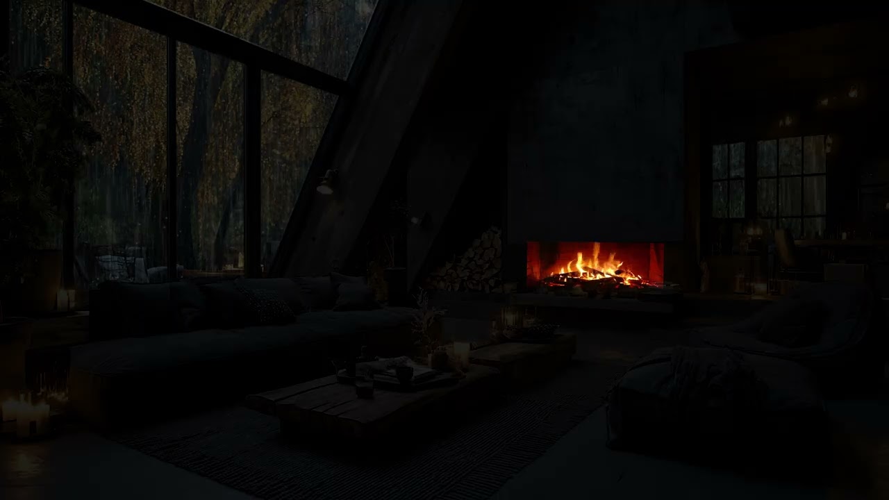 Soft Rain Sounds in a Deep Forest Night | Warm Fireplace Indoors Ambience Nature Rain Sounds