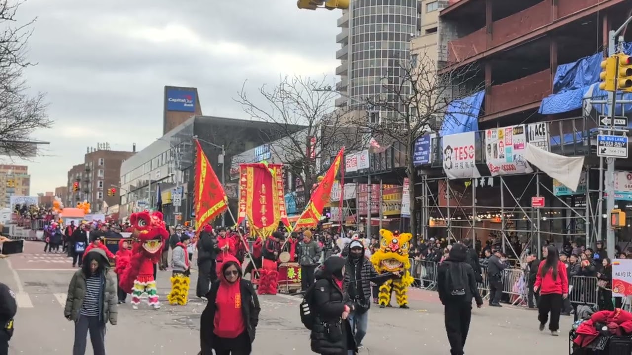 Lunar New Year Parade Kung Fu with Red, Yellow, & Rainbow Lion Dance Costumes