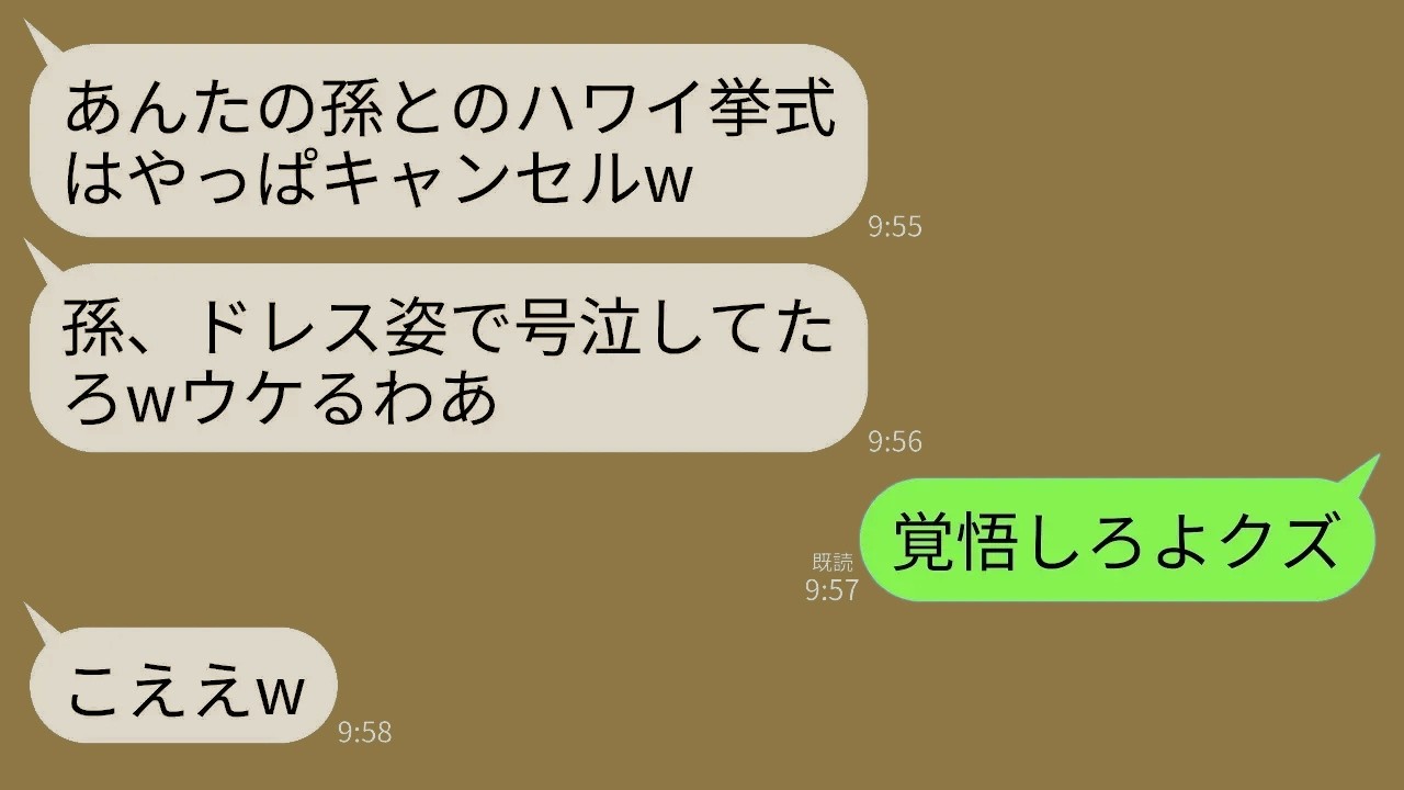 【LINE】孫のハワイ挙式に行くと式場で孫がウェディングドレス姿でポツン…。孫娘「新郎両親がキャンセルって…」→ブチギレた私「新郎一族は全員クビ」→本気の復讐した結果w