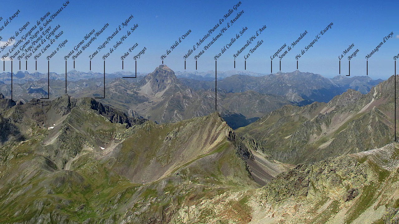 Panorámica de 360º, con nombres anotados, desde la cima del Pic d' Arriel/Saliecho (Pirineo, Huesca)