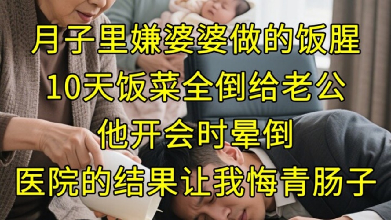 月子裏嫌婆婆做的飯腥，10天飯菜全倒給老公，他開會時暈倒，醫院的結果讓我悔青腸子#家庭情感 #情感故事 #故事 #故事分享 #人生百态