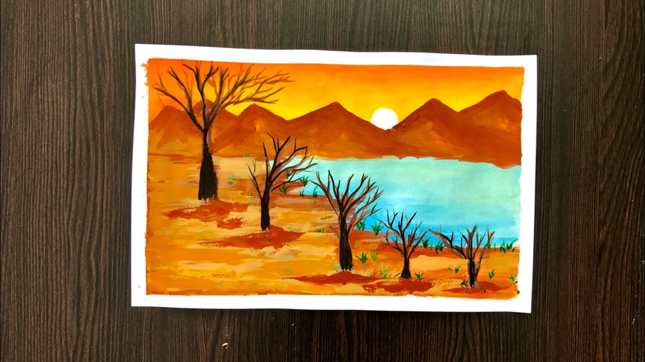 How To Draw Desert Sunset Scenery  | Desert Landscape Painting Step-By-Step