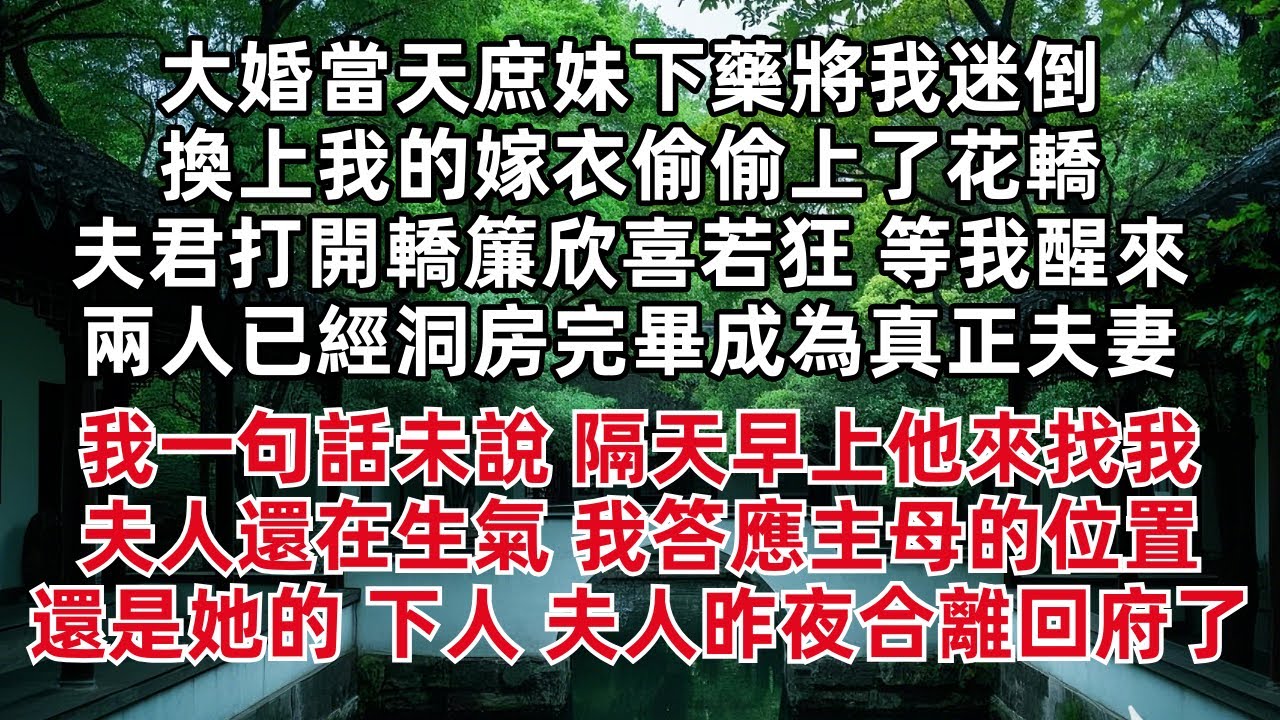 大婚當天庶妹下藥將我迷倒 換上我的嫁衣偷偷上了花轎 夫君打開轎簾欣喜若狂 等我醒來兩人已經洞房完畢成為夫妻 我一句話未說 隔天早上他來找我：夫人還在生氣？主母的位置還是她的 下人 夫人昨夜合離回府了