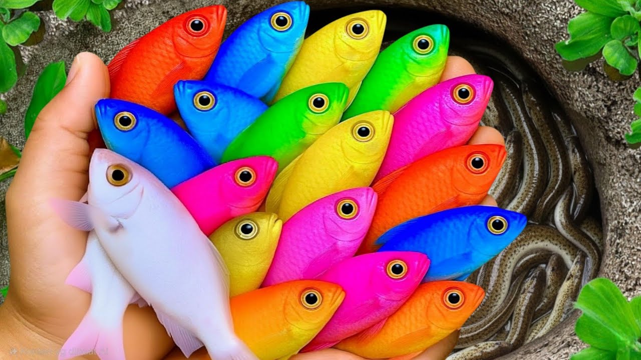 Catch beautiful aquarium fish in small pond baby turtles, eel, frog, pencil fish, nemo fish, catfish