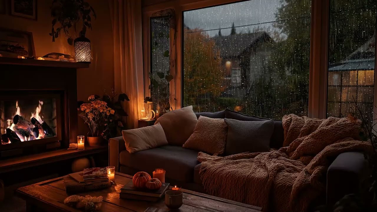 Rainfall Sounds by the Window 🌧️ Warm Fireplace ASMR for Deep Sleep (3 Hours)