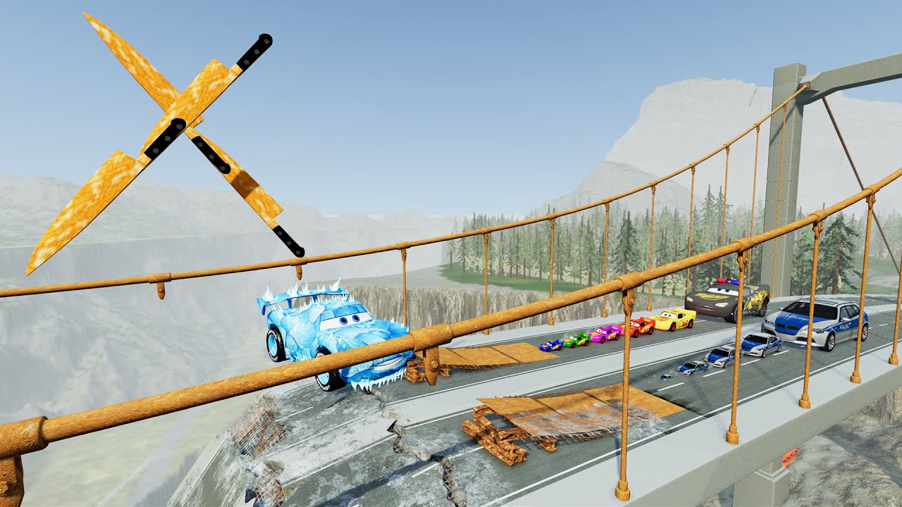 Big & Small McQueen & Police Car vs Zombie McQueen ICE vs Giant Broken Bridge – BeamNG.Drive
