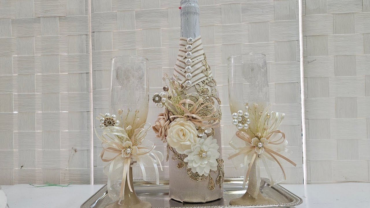 COMO DECORAR COPAS Y BOTELLA DE BRINDIS 😍(toasting/set)elegant and beautiful