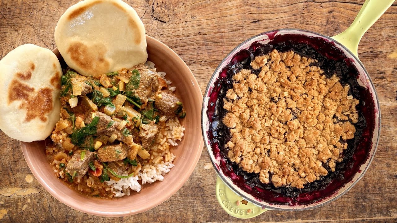 Easy Homemade Beef Curry with Rice, Veggies & Yogurt | Mini Sourdough Naan Dippers + Blueberry Crisp