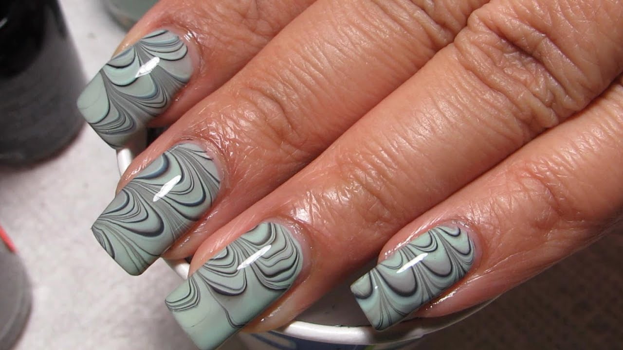 Mint Green, Black & Grey Water Marble Nail Art Tutorial (Water Marble March 2015 #1)