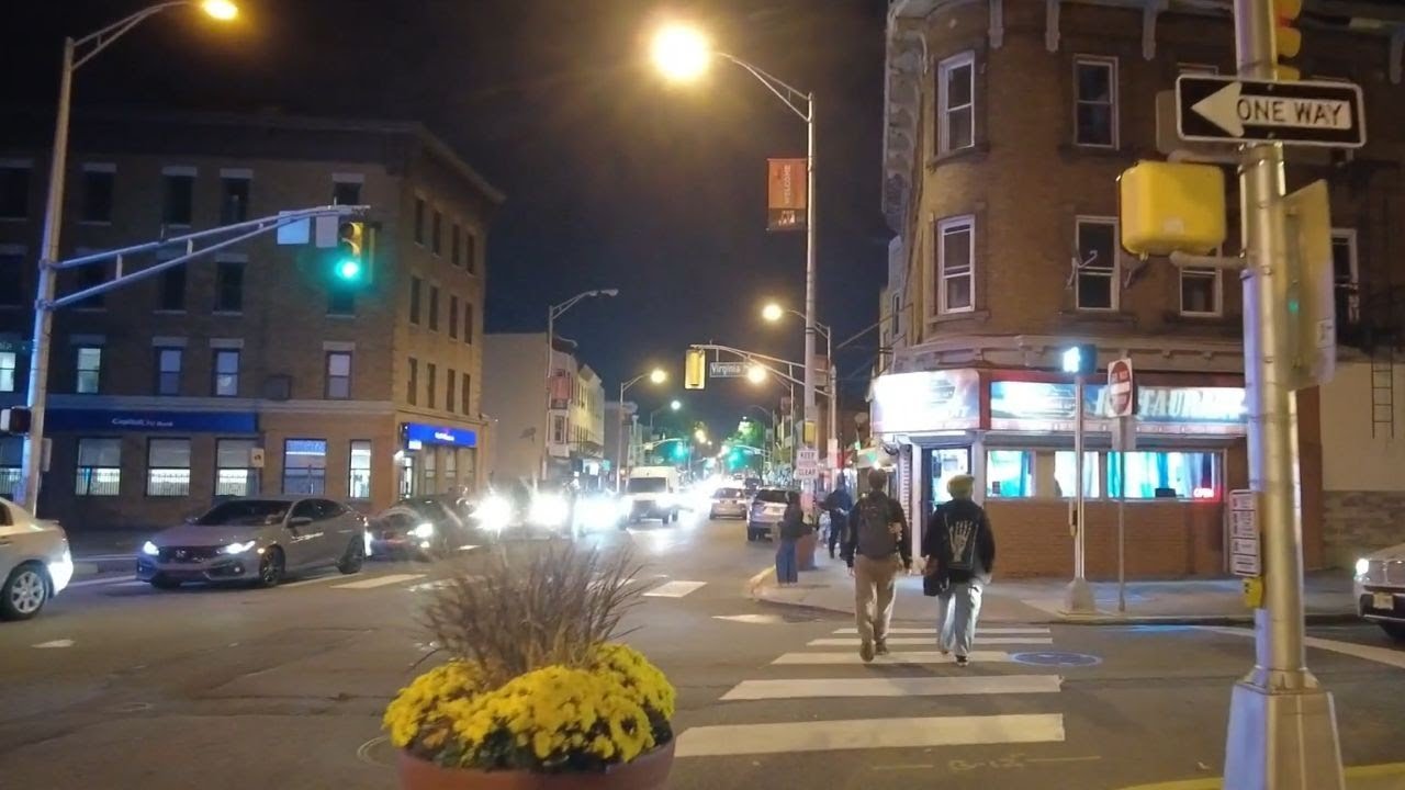 Night walk in Jersey City, NJ | West Side Avenue HBLR station to the Jollibee on Route 440