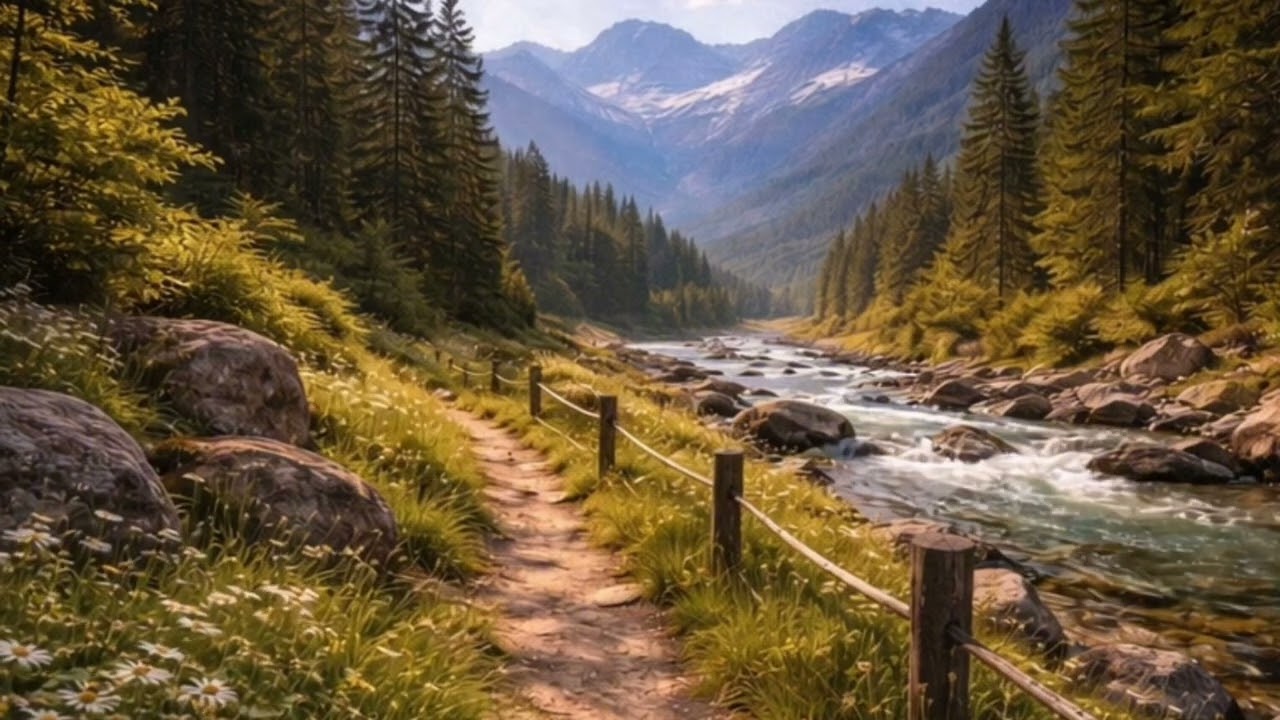 Peaceful River in the Mountains | Forest Pathway Scenery | Soft Relaxing Music