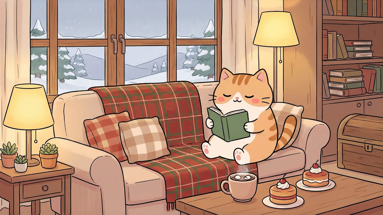 Cat’s Cozy Cabin Night 🪵❄️ Gentle Lofi for Reading & Sleep 📖Relax & Focus with Soft Beats
