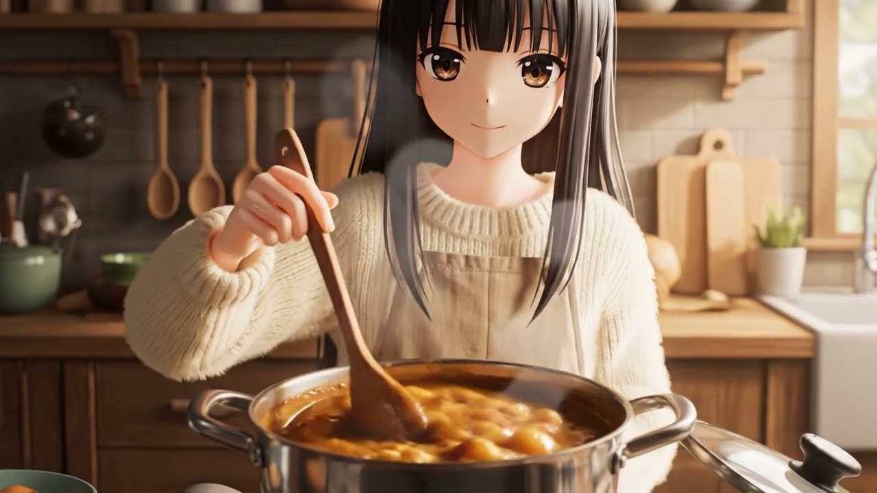 Anime Girl Cooks Curry Rice on a Cold Day ASMR