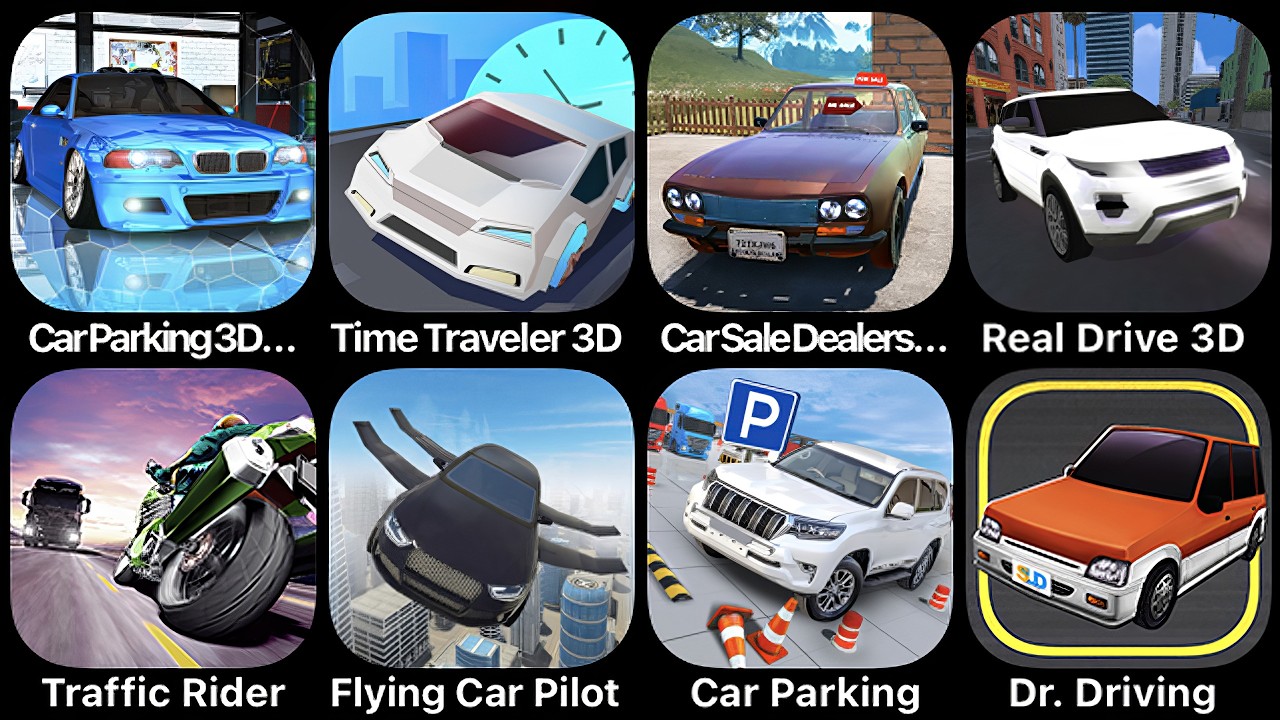 Car Parking 3D, Time Traveler 3D, Car Sale Simulator, Real Drive 3D, Traffic Rider, Flying Car Pilot