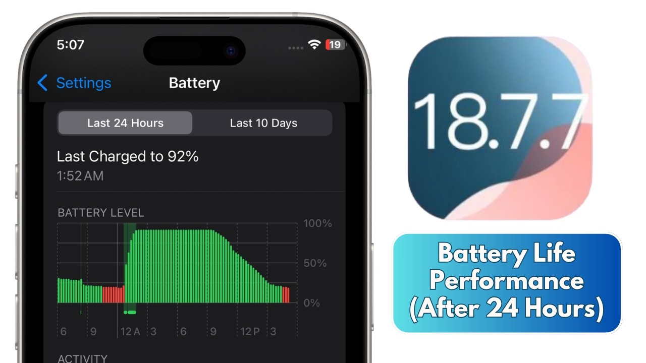 Czas pracy baterii i wydajność systemu iOS 18.7.7 (po 24 godzinach)
