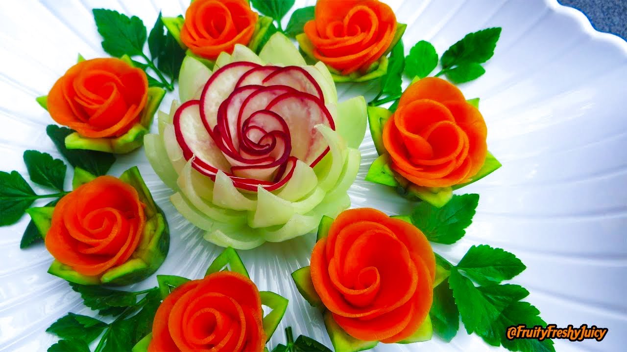 Attractive Garnish of Radish & Carrot Rose Flowers with Onion & Cilantro Designs