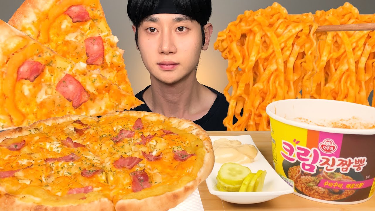 피자스쿨 오지치즈포테이토피자(치즈크러스트엣지) & 크림진짬뽕, 갈릭디핑 꿀조합 먹방 ASMR Pizza & Spicy Cream Noodles MUKBANG