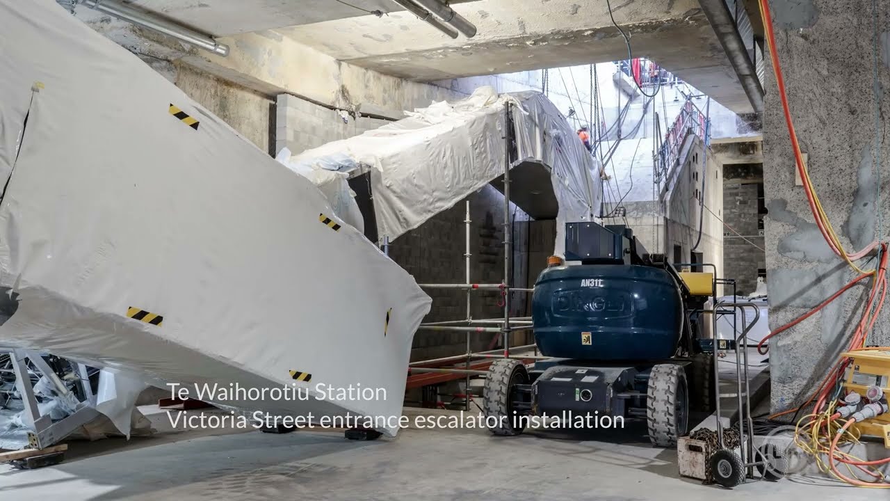 Te Waihorotiu Station Victoria Street entrance escalator installation