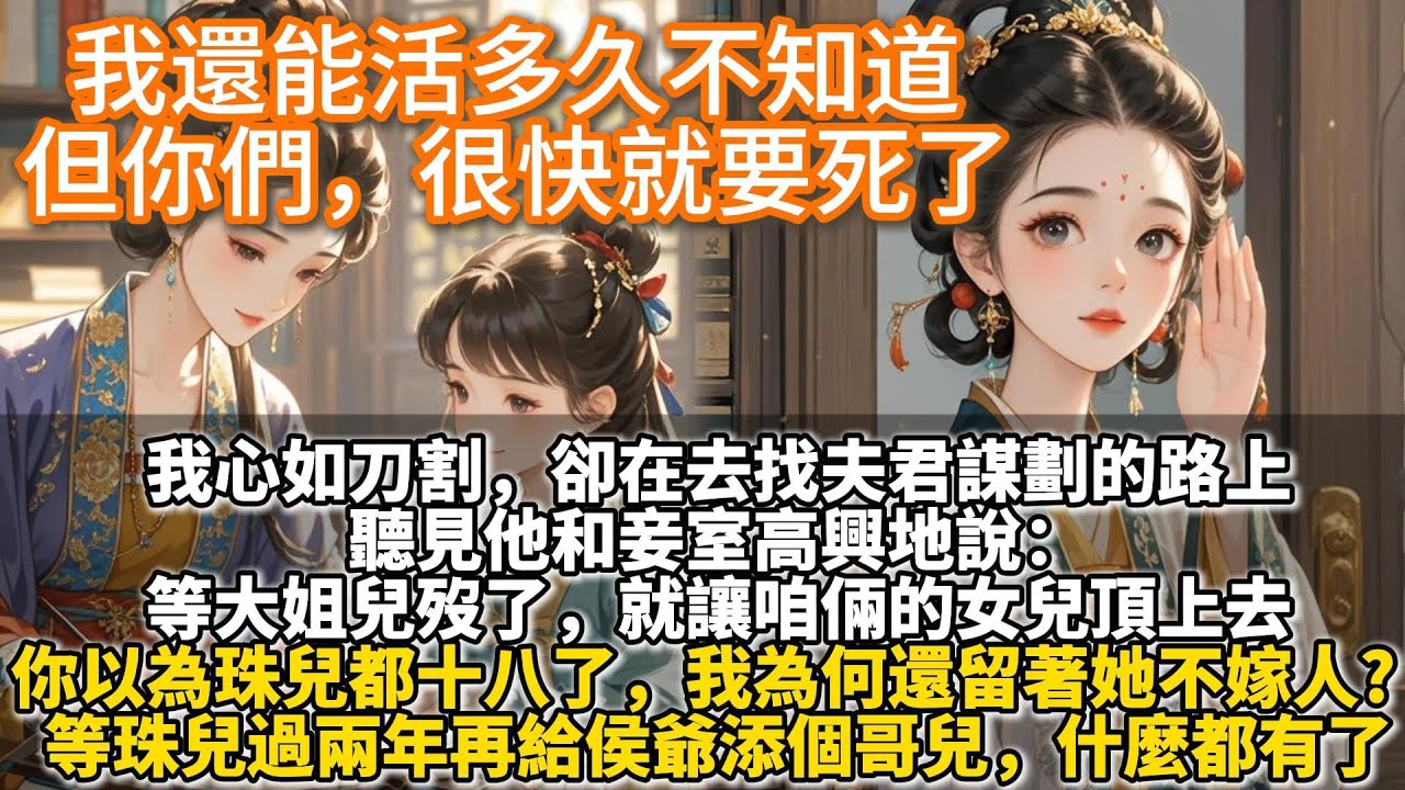 完結大女主爽文：我還能活多久不知道，但你們很快就要死了。女兒高嫁侯府三年，突然病重。她求我在她死後，庇佑她孱弱的幼女。我在去找夫君謀劃的路上，聽見他和妾室高興地說。等大姐兒歿了，就讓咱倆的女兒頂上去