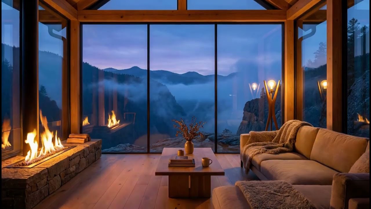 Cozy Fireplace with Mountain View | Peaceful Evening Cabin Ambience