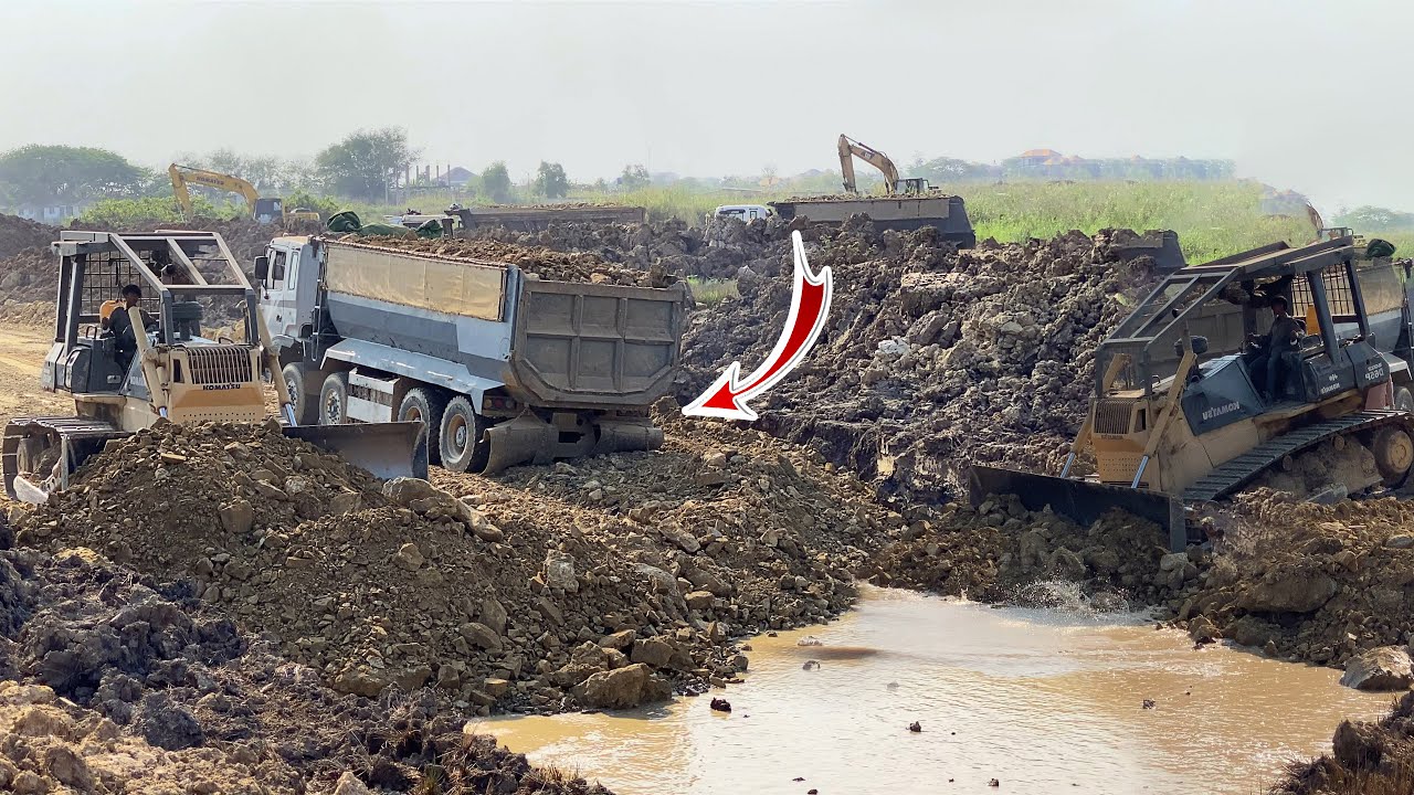 Wonderful Dozer Komatsu Push DumpTruck Stuck On The Road And Push Soil Stone Building New Road