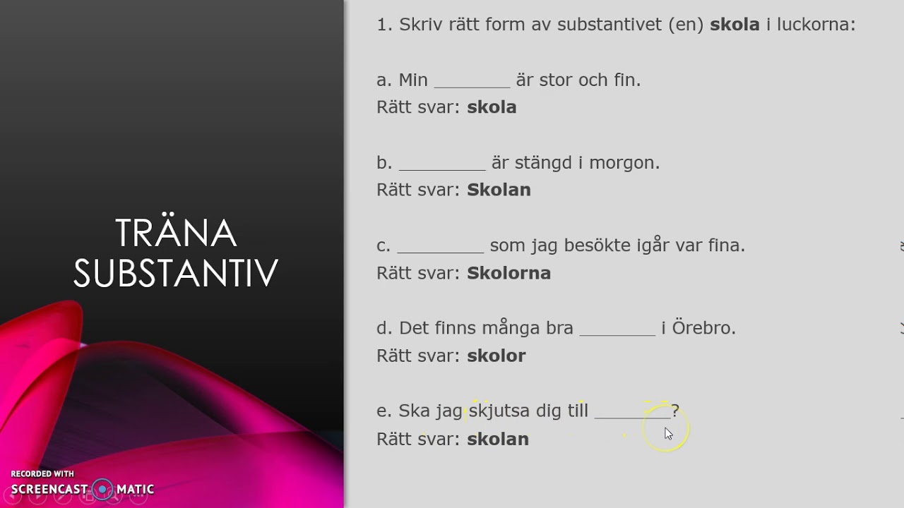 Träna substantiv, 3 uppgifter